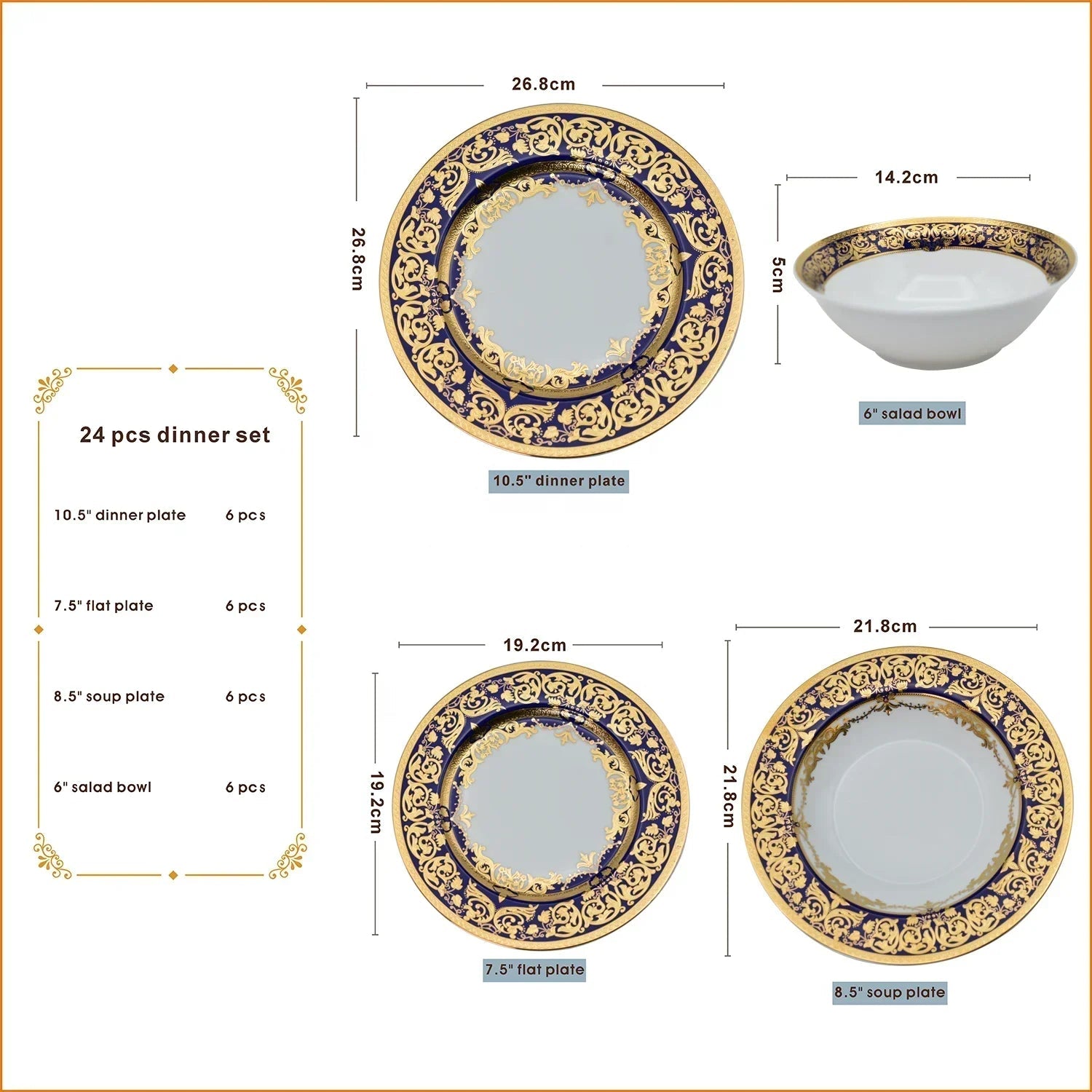 Set of Royal Style embossed gold rim ceramic plates and bowls by MC THE BLACK DIAMOND, elegant dinnerware for special occasions.