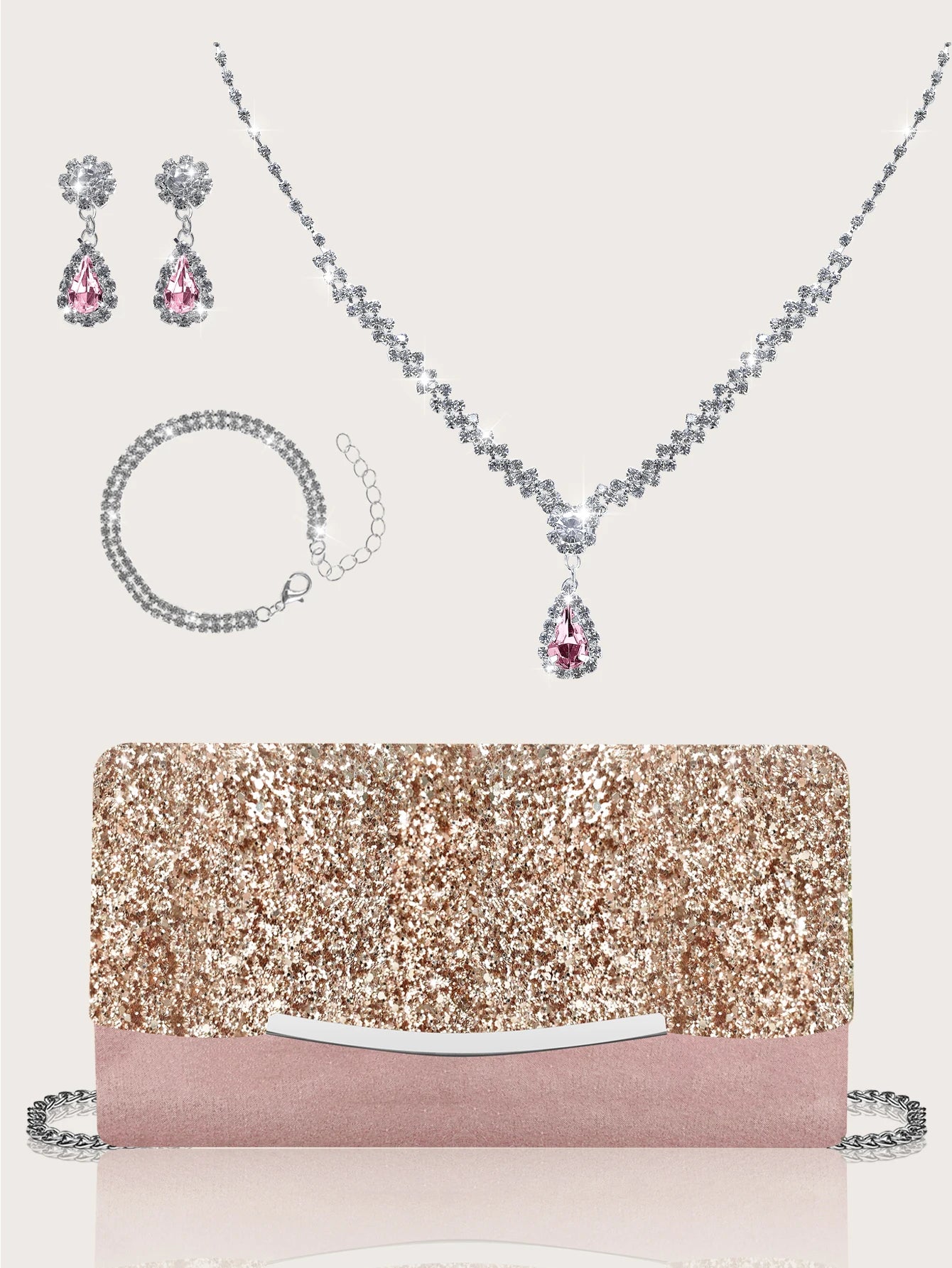 Elegant MC THE BLACK DIAMOND sequined women's hand bag with rhinestone jewelry set, including necklaces, earrings, and bracelet.