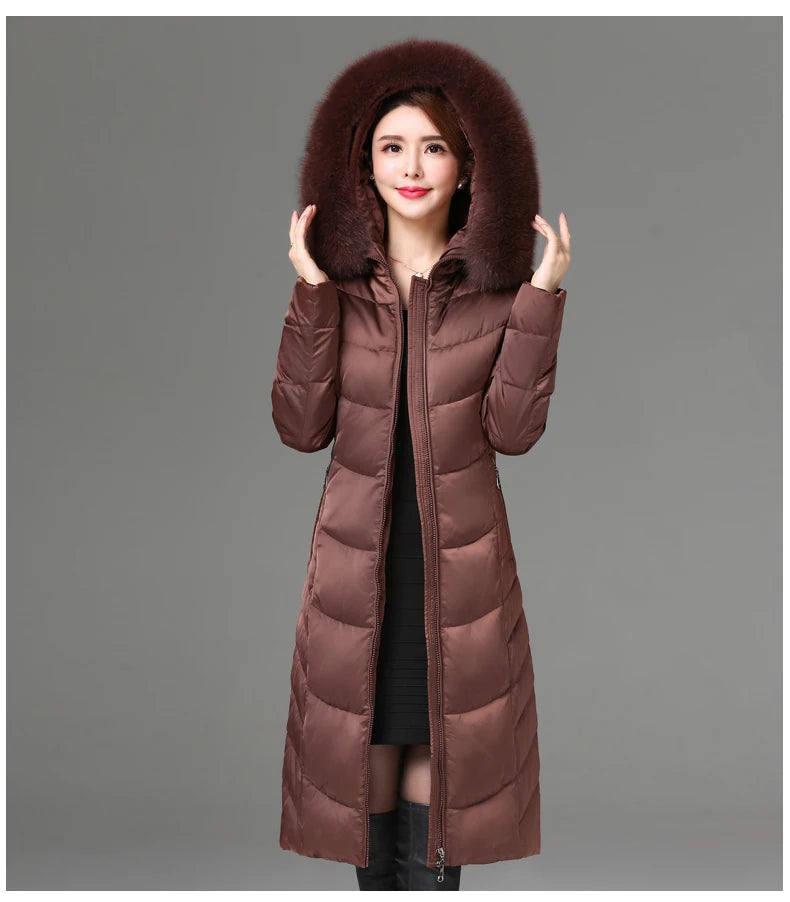 Shengyu Boya women's knee-length down jacket with thick fur collar, slim fit, suitable for middle-aged and elderly women.