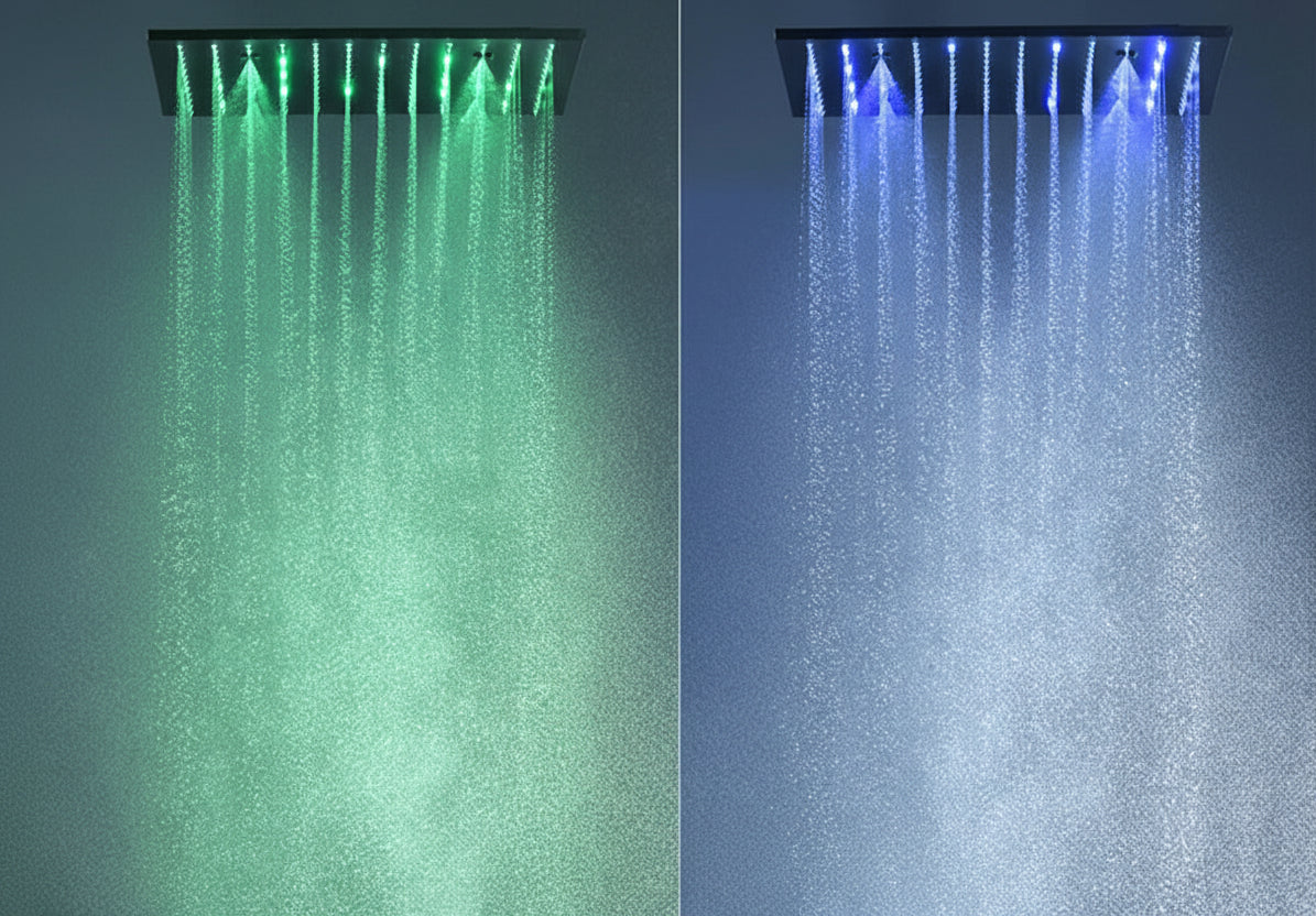 Luxury MC The Black Diamonds rainfall mist spray LED shower head set with side massage jets and a matching temperature control valve.