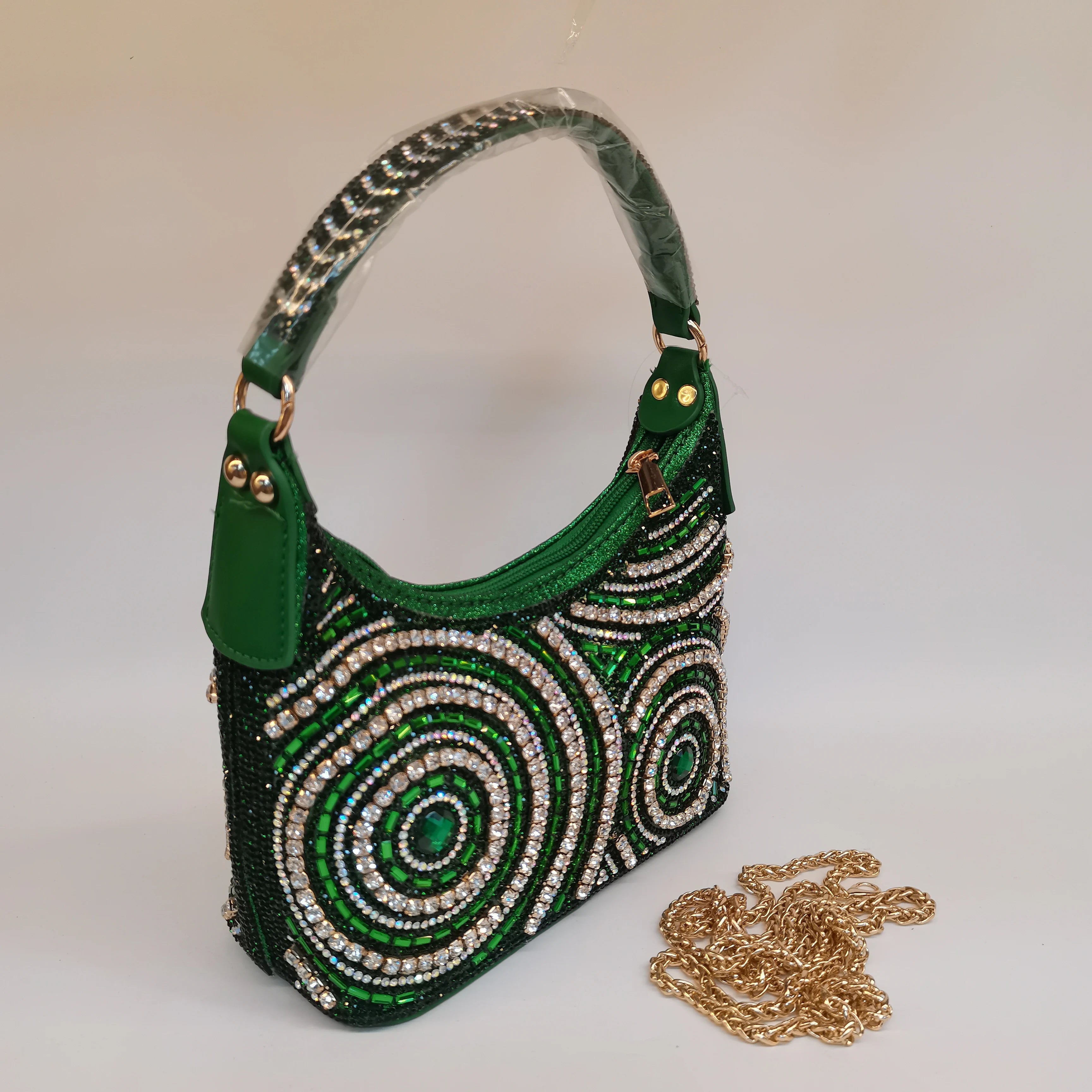 MC The Black Diamond rhinestone evening handbag with long chain, stylish clutch, embellished casual bag for women.
