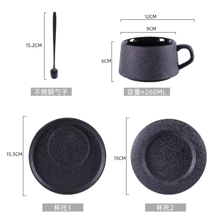 Frosted ceramic coffee cup and saucer set with black spoon and cup holder, designed for breakfast, by 𝕄𝕮 𝕋𝕙𝕖 𝔹𝕝𝕒𝕔𝕜 𝔻�