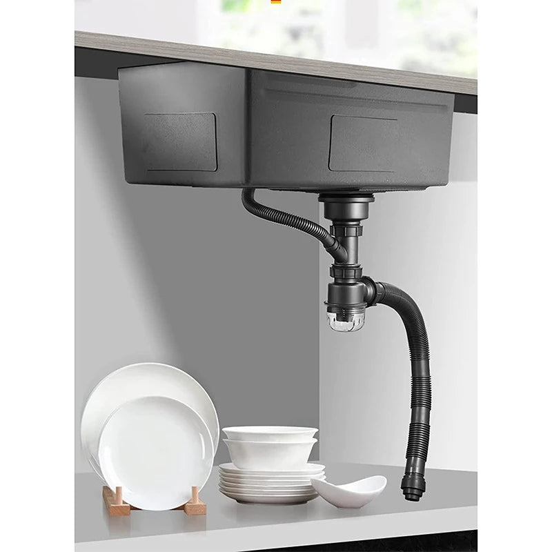 Black nano kitchen sink waterfall faucet with soap dispenser, single bowl stainless steel design, featuring a cup washer and pure tap.