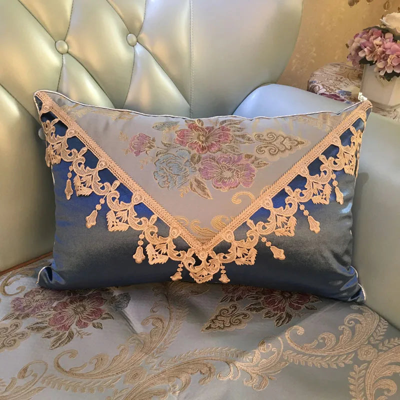 European luxury Jacquard tassel lace sofa pillow cushion cover, rectangular decorative home decor large backrest cushion.