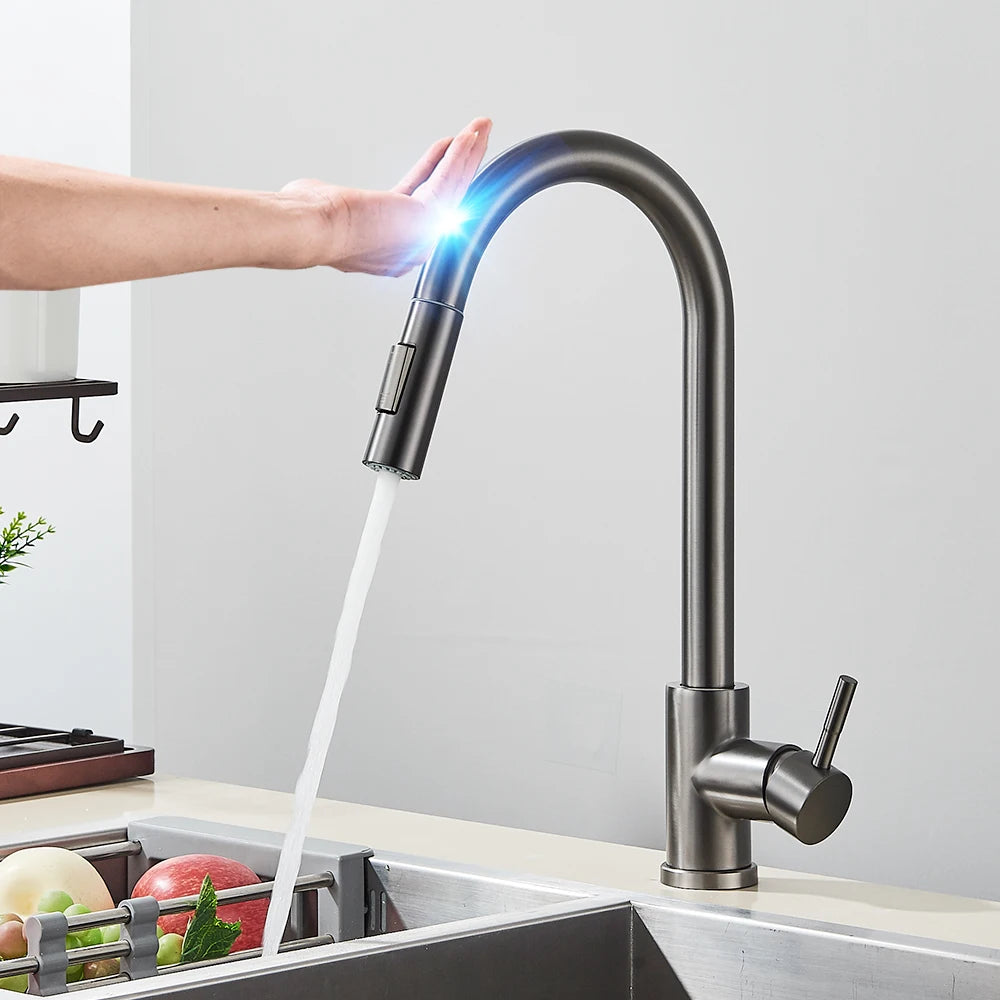 Black MC THE BLACK DIAMOND kitchen sink faucet with pull-out sensor, touch control, and modern mixer tap design.