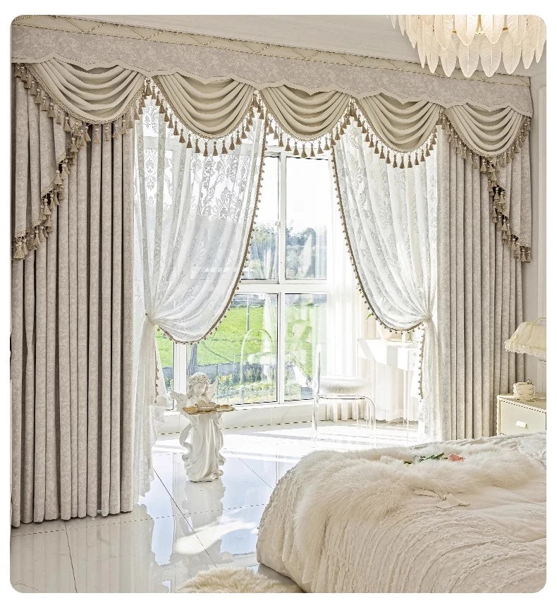 Beige jacquard chenille curtains by MC THE BLACK DIAMOND, stylish window screens for living rooms, bedrooms, balconies, and villas.