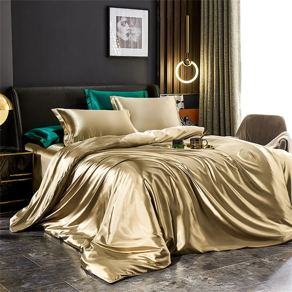 Luxury satin MC THE BLACK DIAMOND solid silk bedding set with duvet cover, bed sheet, and pillowcases for single to king size beds.