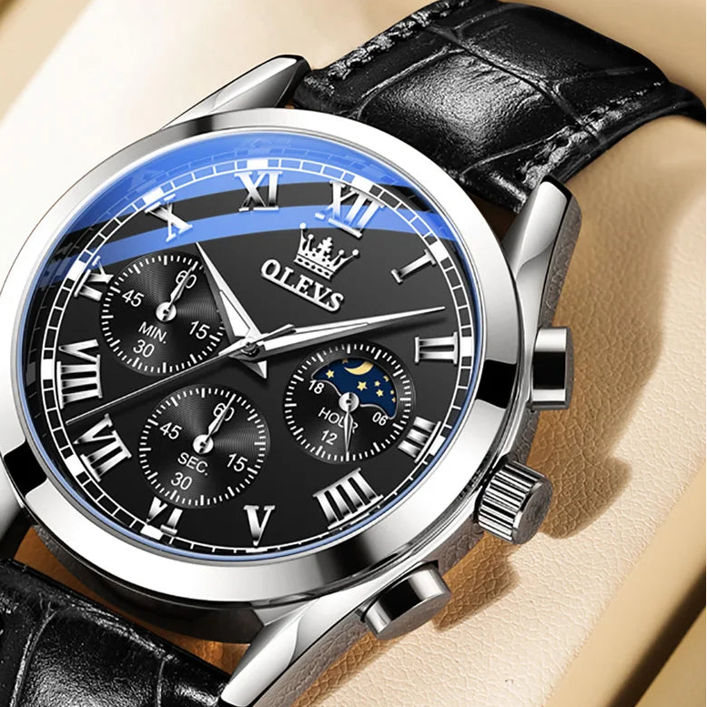 Olevis Moon Phase men's quartz watch with leather strap, chronograph, luminous dial, waterproof, and date display.