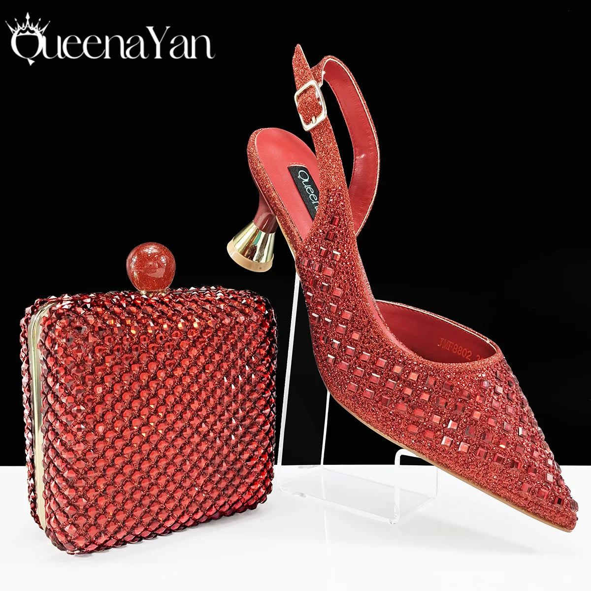 Queena Yan Italian design green rhinestone pointed toe high heels and matching bag set for women, perfect for parties.