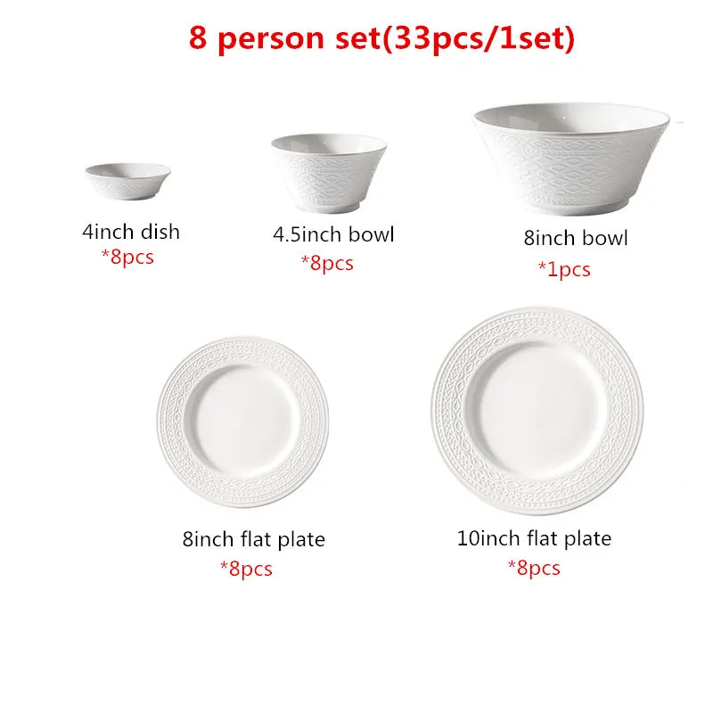White Nordic relief ceramic dinnerware set including salad bowls, soup bowls, flat plates, and serving tray by 𝕄𝕔 𝕋𝕙𝕖 𝔹𝕝𝕒𝕔𝕜 𝔻�