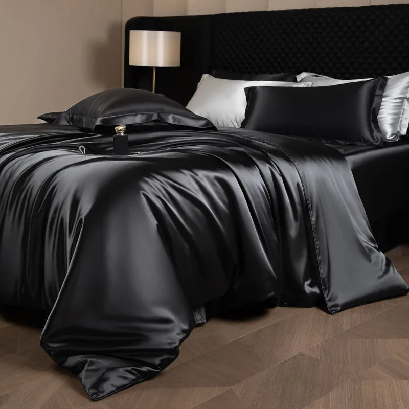 Luxury silk bed sheets set with duvet cover, fitted sheet, flat sheet, and pillowcases from 𝕄𝕔 𝕋𝕙𝕖 𝔹𝕝𝕒𝕔𝕜 𝔻𝕚�
