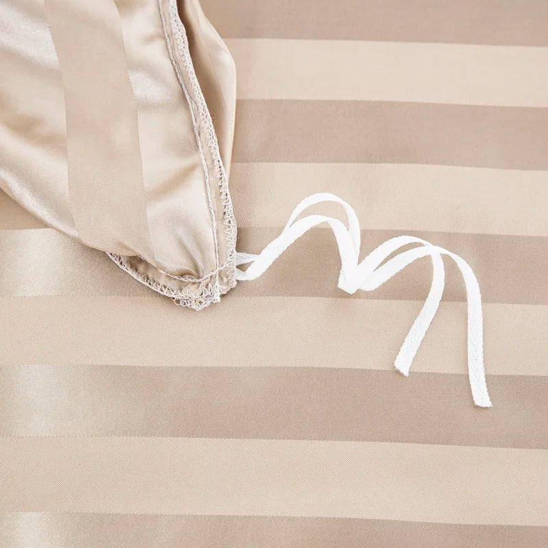 Luxury satin striped duvet cover set in ivory white with silky feel, available in full, queen, king, double, and single sizes.