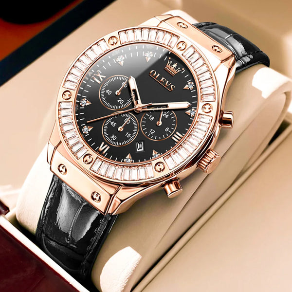Elegant OLEVS women's watch with leather strap, diamond bezel, chronograph, waterproof quartz movement, from Mohamad Collection.