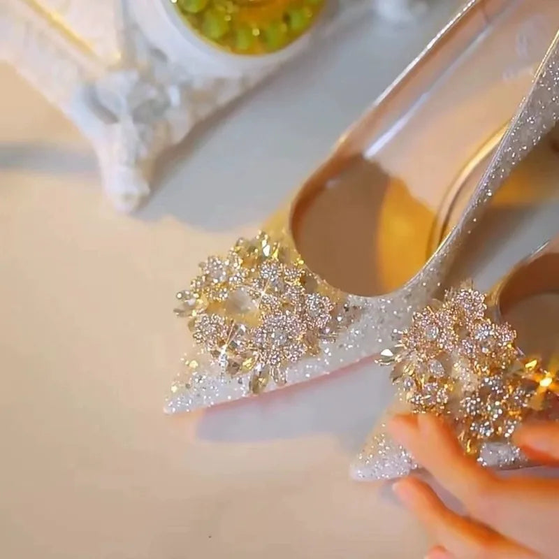 Women's high heel shoes by Mohammand Collection featuring elegant crystal decorations, pointed toe pumps, and a retro design.