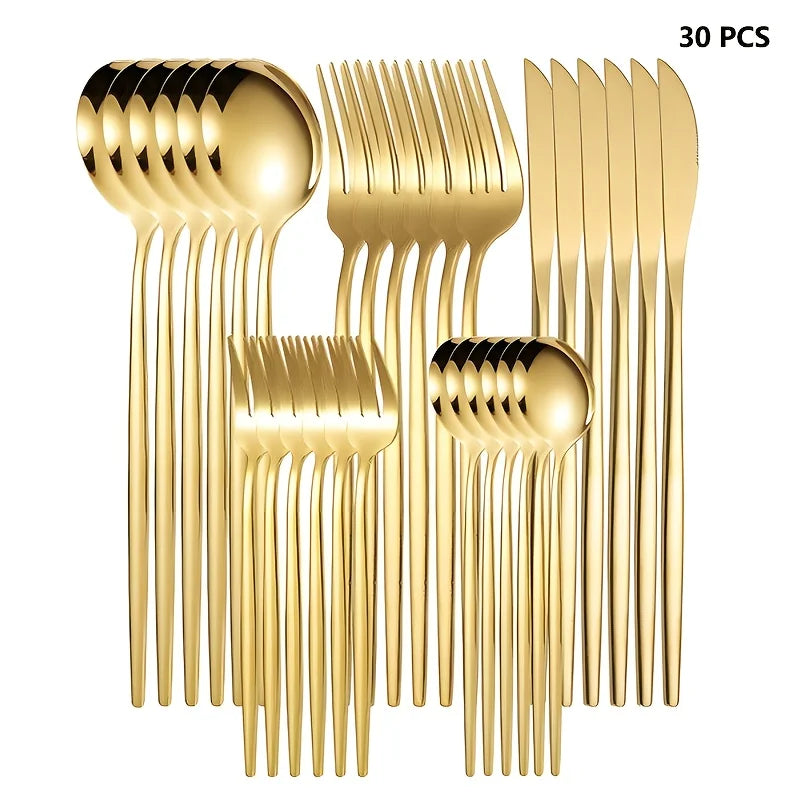 Set of 30 golden and silver cutlery including forks, knives, and spoons from 𝕄𝕮 𝕋𝕙𝕖 𝔹𝕝𝕒𝕔𝕜 𝔻𝕚�