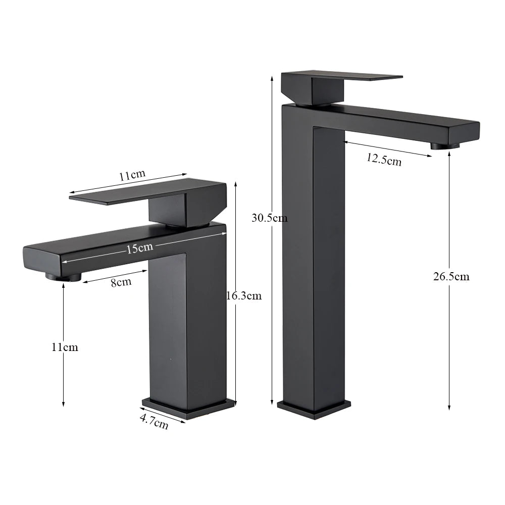Matte black stainless steel bathroom sink faucet with hot and cold water mixer and waterfall spout, deck-mounted bathroom tap.