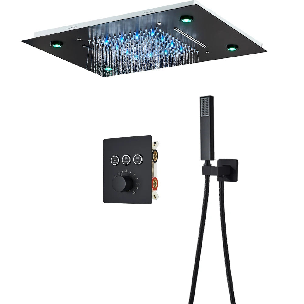 Black thermostatic bathroom shower faucet set with dual controls and modern design, featuring sleek black finish and chrome accents.