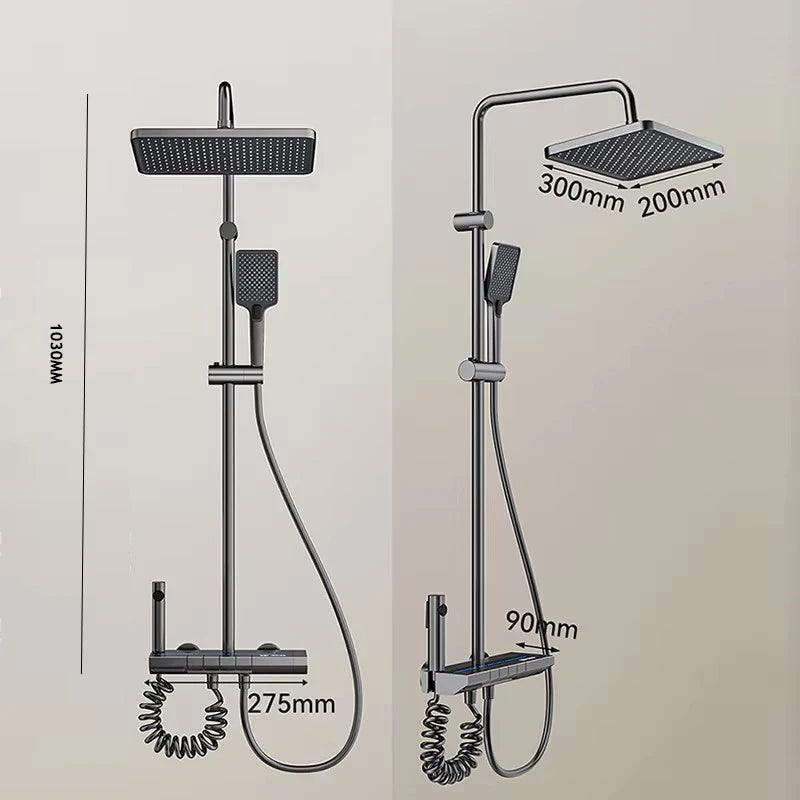 MC THE BLACK DIAMOND grey piano button ambient bathroom shower system with digital display, rain shower head, and multiple shower columns.