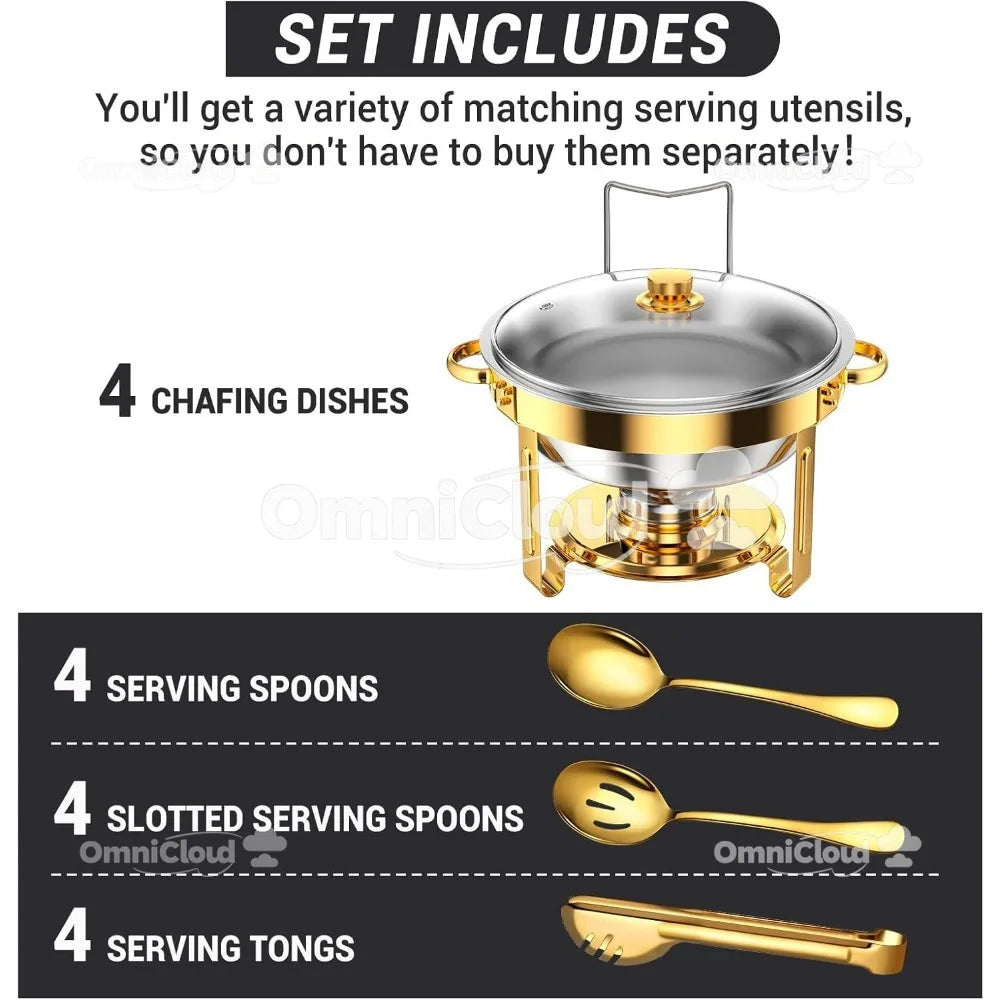 Round chafing dishes for buffet by MC THE BLACK DIAMOND, high-grade set with full-size pans and rolled-edge food warmers.