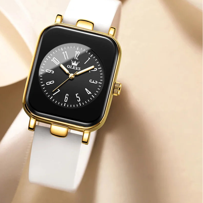 Olevs square women's quartz watch with simple trendy silicone strap, minimalist design, and black dial.