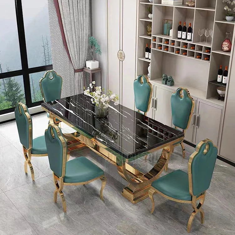 Royal Nordic Light luxury dining table with marble top, silver stainless steel legs, seating 4 to 8, modern home decor by 𝕄𝕔 𝕋𝕙𝕖 𝔹𝕝𝕒𝕔𝕜