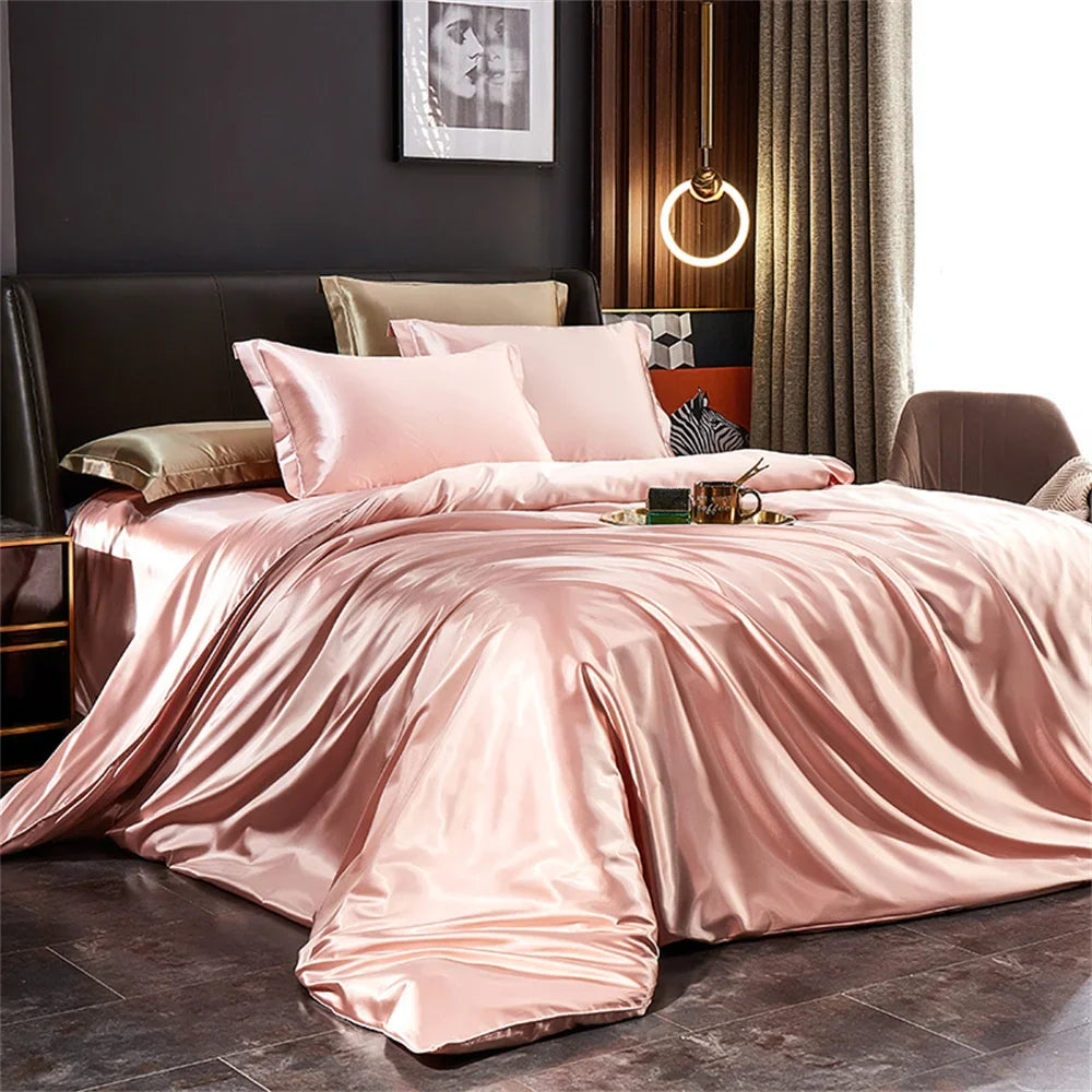 Luxurious solid silk bedding set from MC THE BLACK DIAMOND with satin duvet cover, bed sheet, and pillowcases for king, queen, twin beds