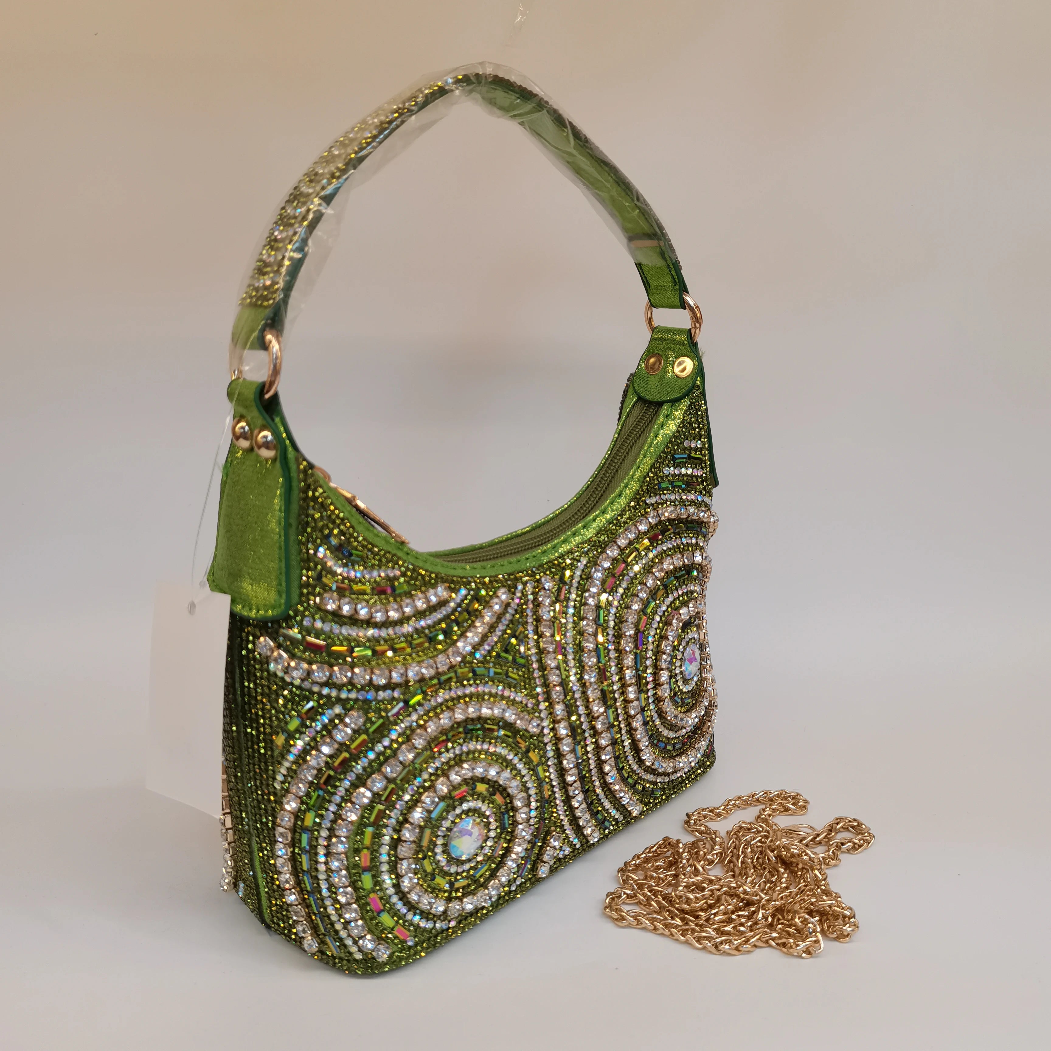 MC THE BLACK DIAMOND women's rhinestone evening clutch handbag with long chain, embellished casual design, stylish and fashionable.