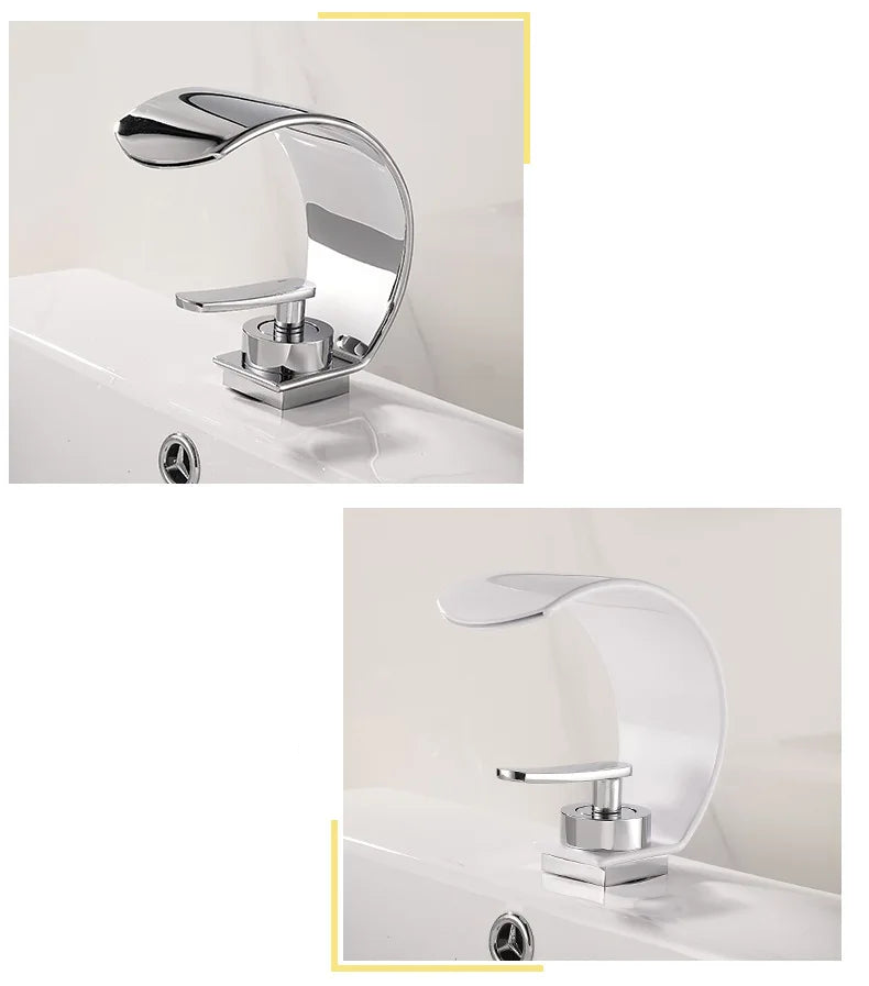 Black and white GEGVE waterfall bathroom sink faucet by MC THE BLACK DIAMOND with hot and cold water controls.
