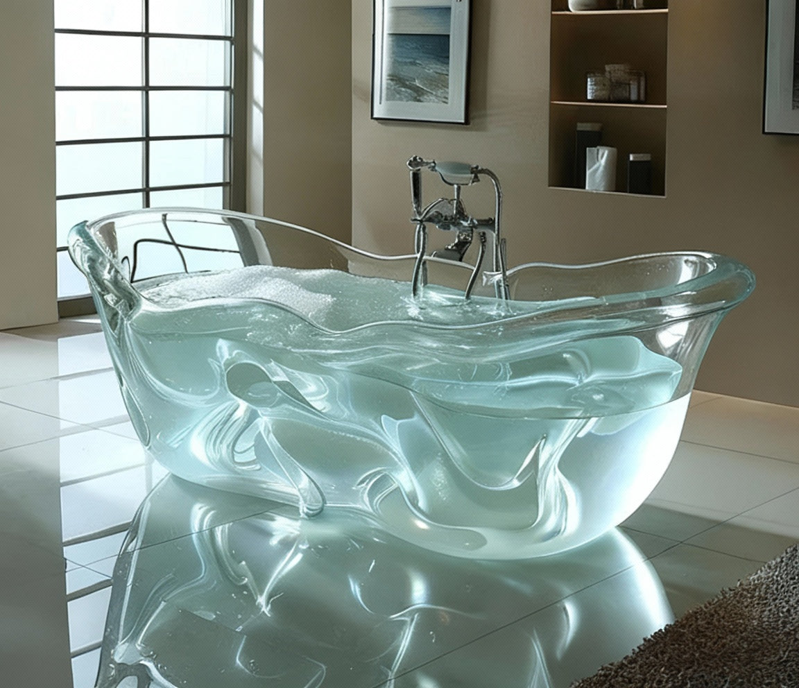 Transparent freestanding couple bathtub by MC THE BLACK DIAMOND, with a crystal-clear resin design and corrugated exterior.