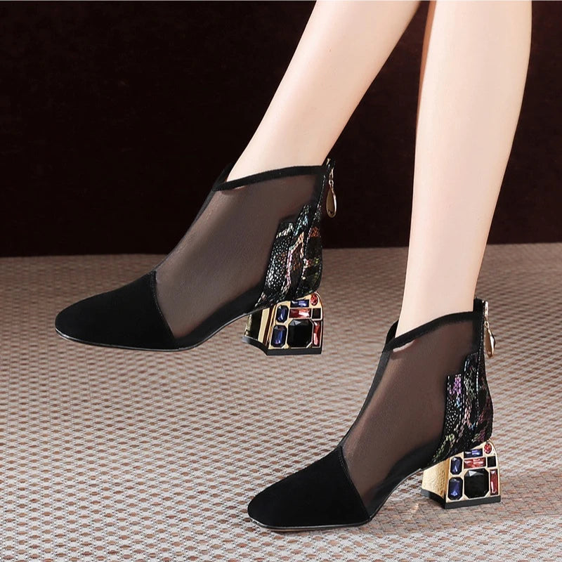 Luxury rhinestone summer ankle boots for women with mesh, pointed toes, thick heels, and stylish design by Mohammad Collection.