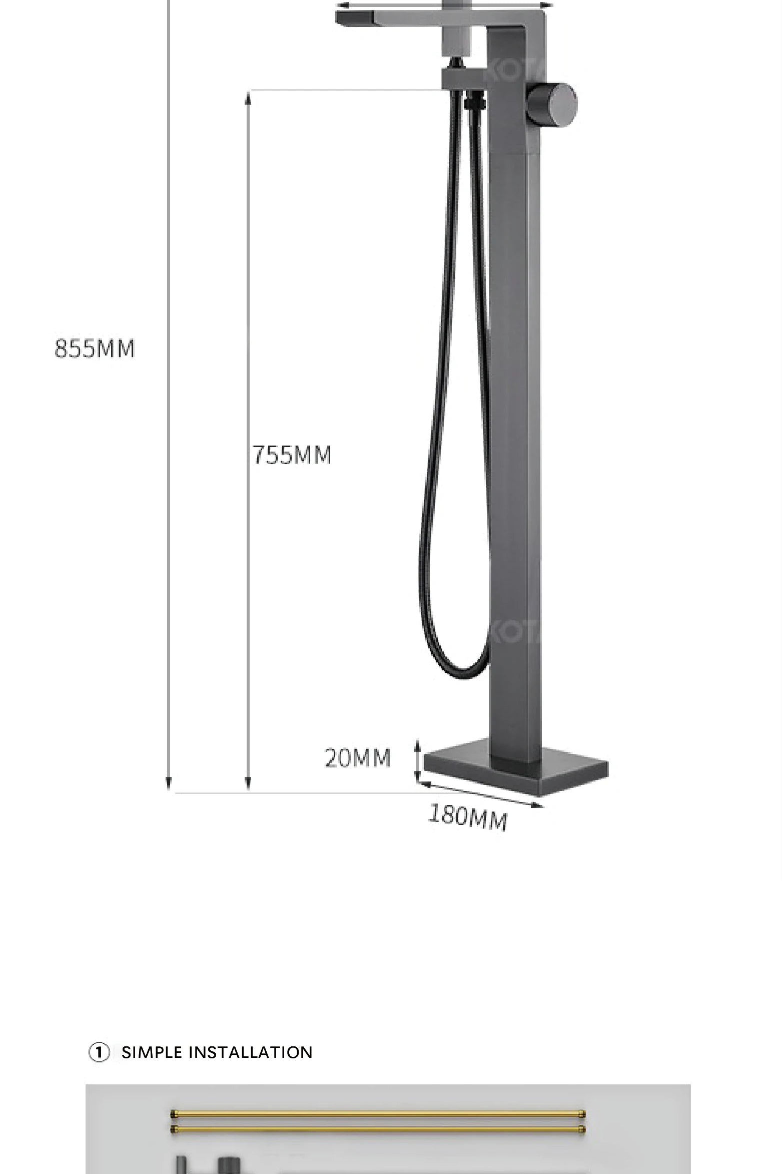 Luxury black brass floor-standing bathroom faucet with single handle for hot and cold water, embedded design for bathtub use.