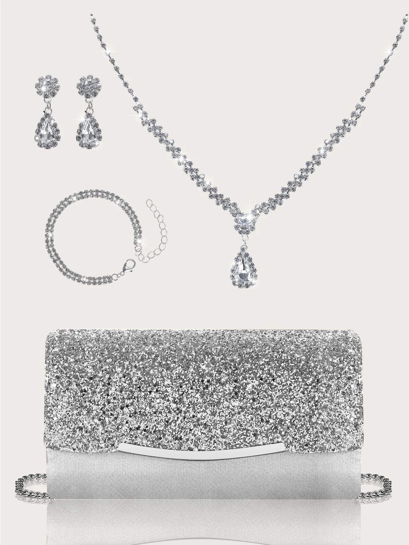 Black sequined MC THE BLACK DIAMOND women's evening hand bag with rhinestone jewelry set including necklace, earrings, and bracelet.