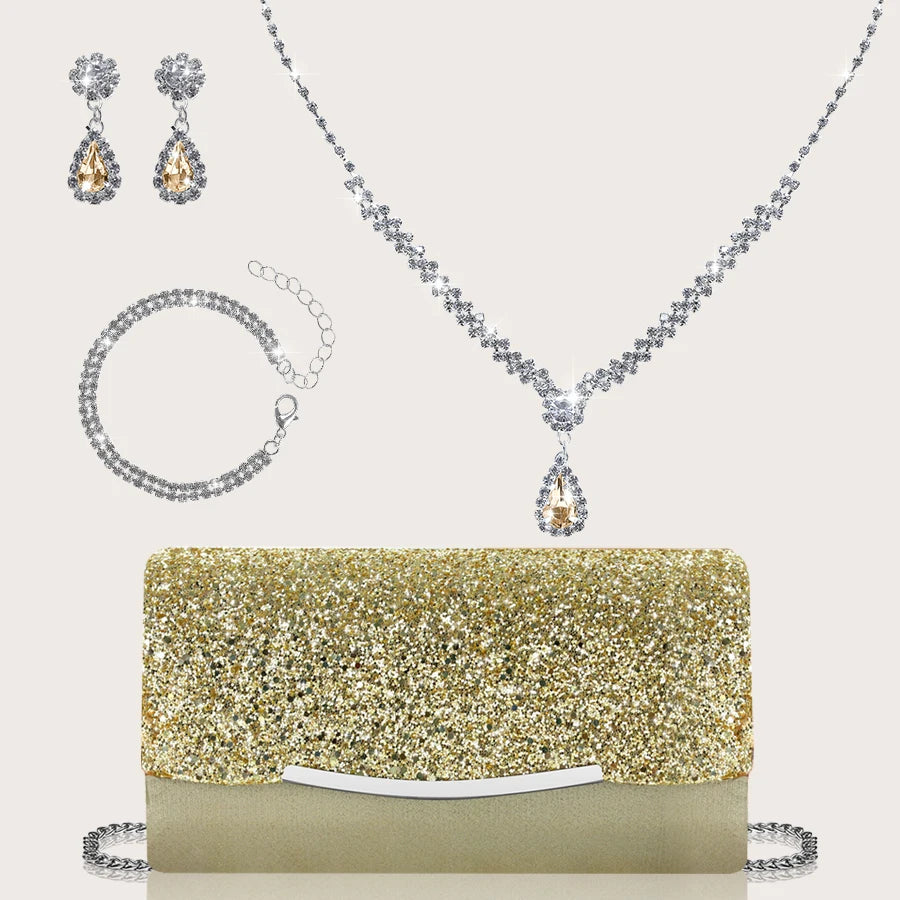 Elegant sequined MC THE BLACK DIAMOND women's evening hand bag with rhinestone jewelry set including necklace, earrings, and bracelet.