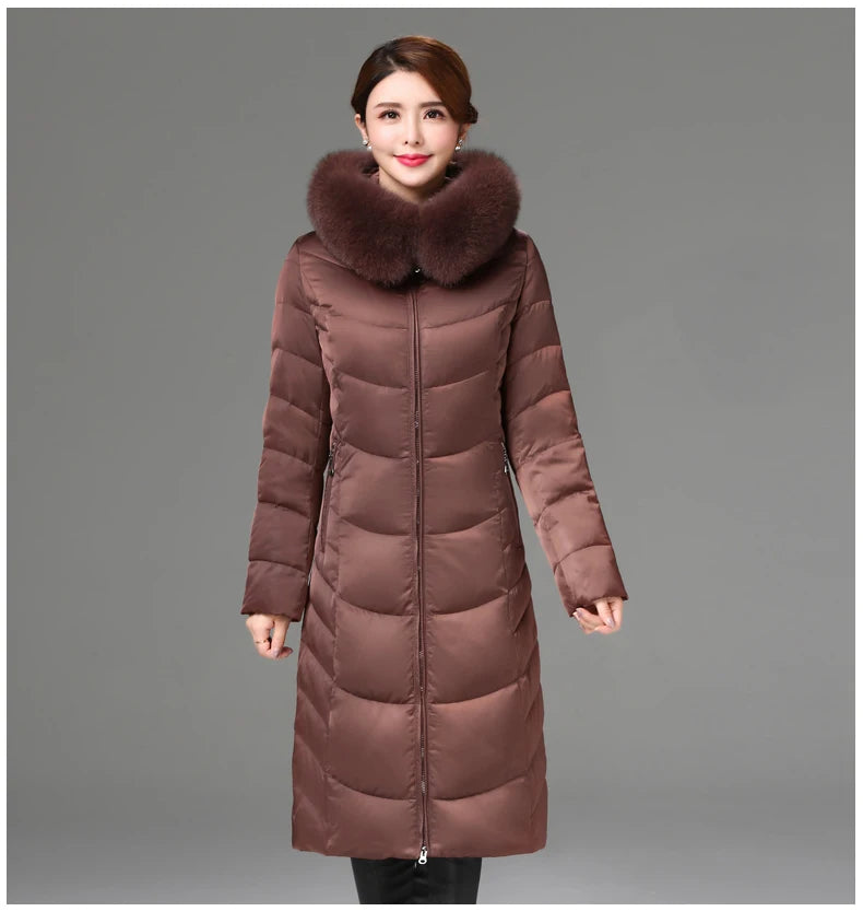 Shengyu Boya women's knee-length down jacket with fur collar, slim fit, thickened outwear for middle-aged and elderly women.