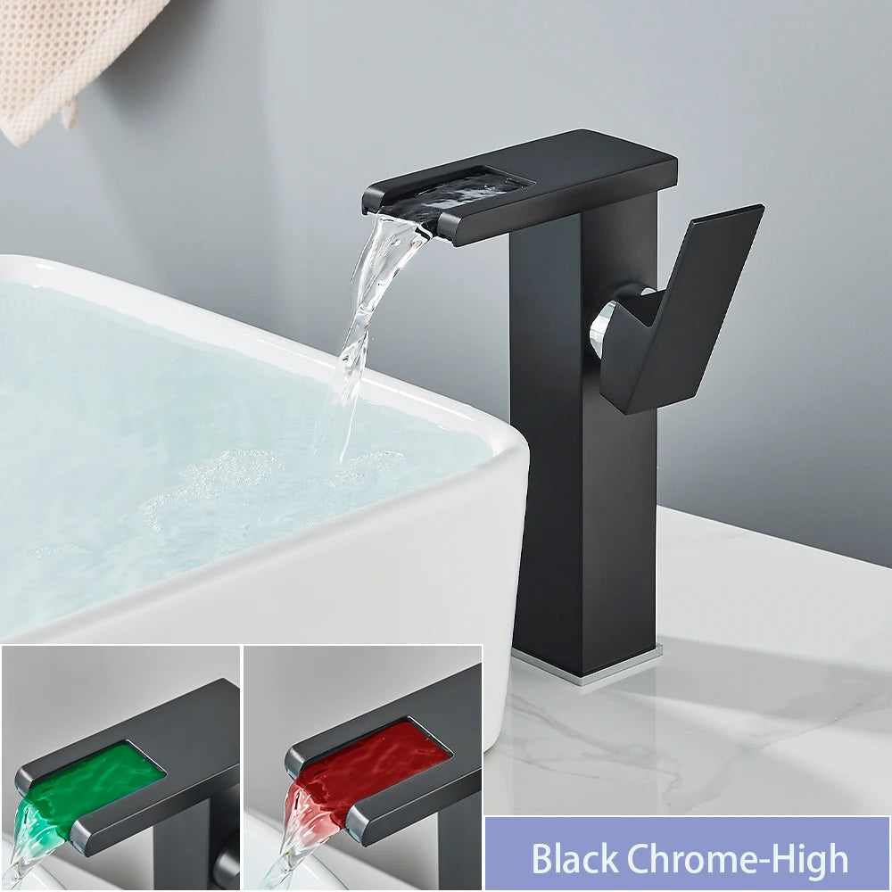 Black brass waterfall bathroom sink faucet with single handle, deck-mounted hot and cold mixer tap by 𝕄𝕔 𝕋𝕙𝕖 𝔹𝕝𝕒𝕔𝕜 𝔻𝕚�