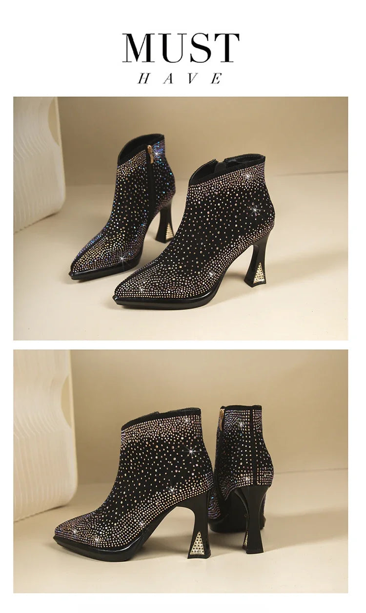 Women's short boots with thick square high heels from Mohammad Collection, featuring stylish black leather and ankle-length design.