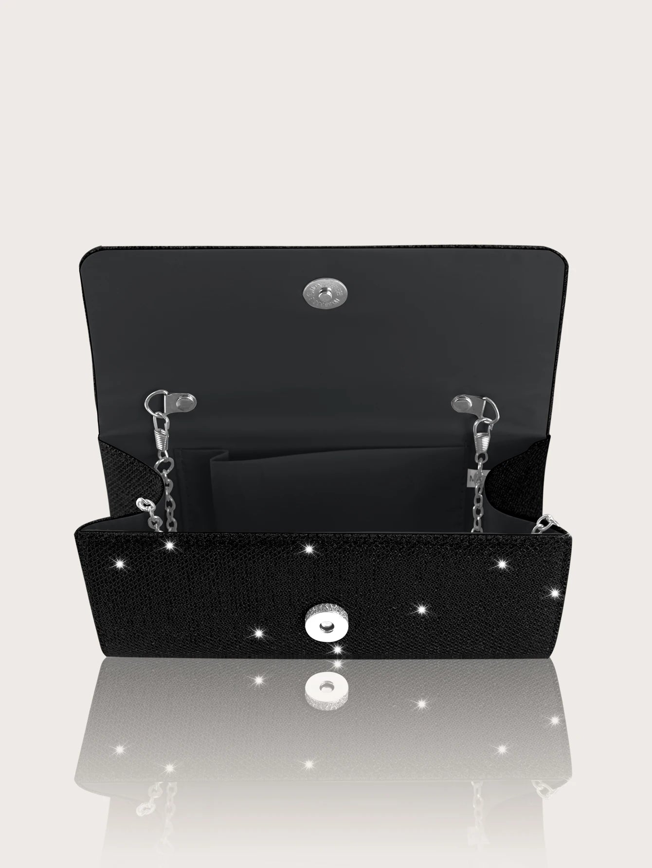 Elegant MC THE BLACK DIAMOND sparkly party clutch with rhinestone jewelry set including necklace, earrings, and bracelet.
