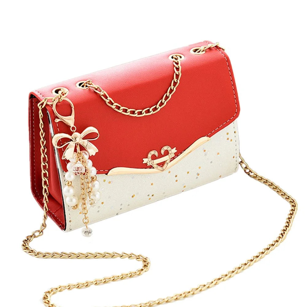 Trendy women's sequin messenger handbag with tassel pendant, PU leather, single shoulder style, and mobile phone pouch.