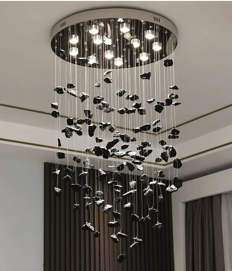 Black Art Luxury Stone Crystal Chandelier by MC THE BLACK DIAMOND, modern LED hanging lamp for staircase, hallway, or lobby indoor lighting.