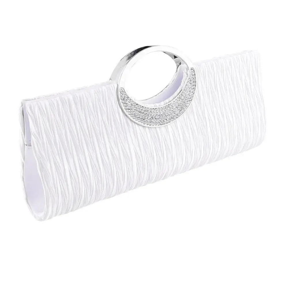 Luxury women's satin evening clutch bag with rhinestone embellishments, pleated design, and shoulder strap for formal occasions.