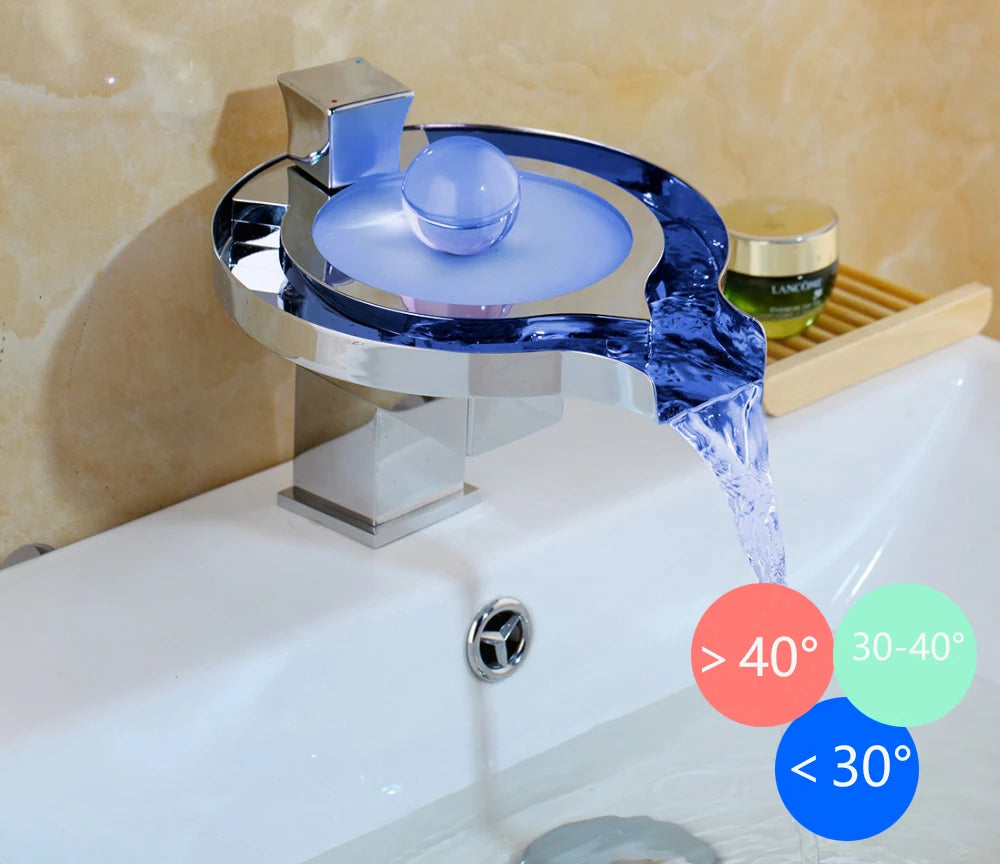 MC THE BLACK DIAMOND ZAPPO LED RGB bathroom basin sink faucet with brass waterfall design, chrome finish, hot and cold water controls
