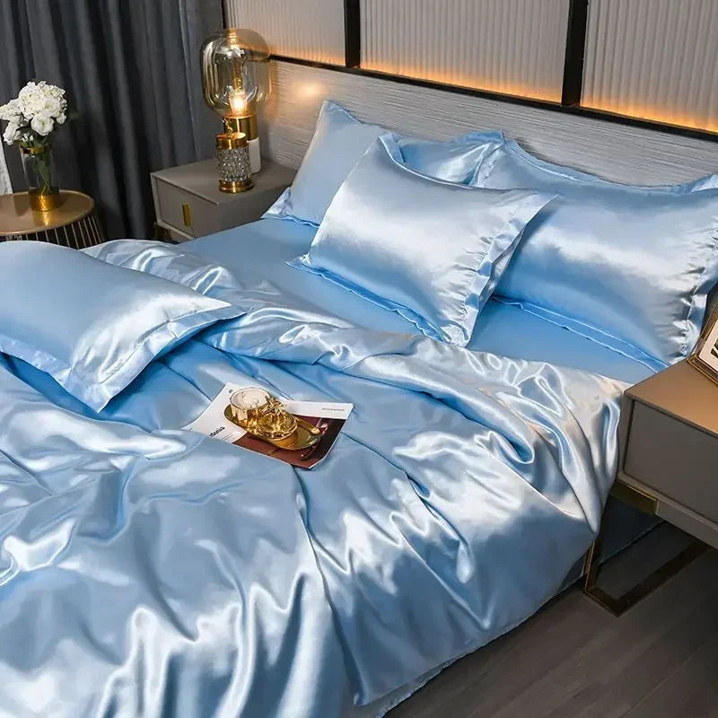 Nordic satin silk bedding set by MC THE BLACK DIAMOND, includes duvet cover, bed sheet, and pillowcases in luxurious solid design.