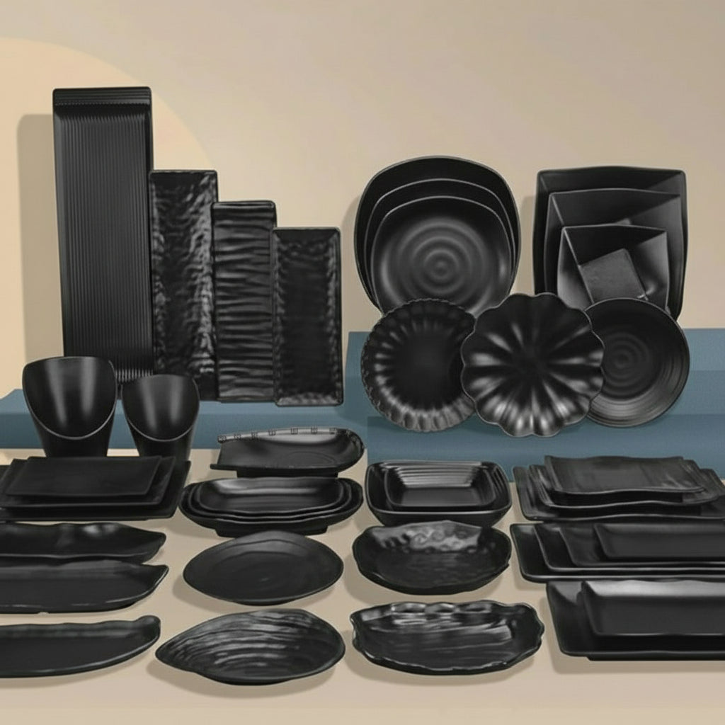 Black rectangular melamine plate from MC The Black Diamonds, ideal for barbecue and restaurant tableware, showing a main dish presentation.