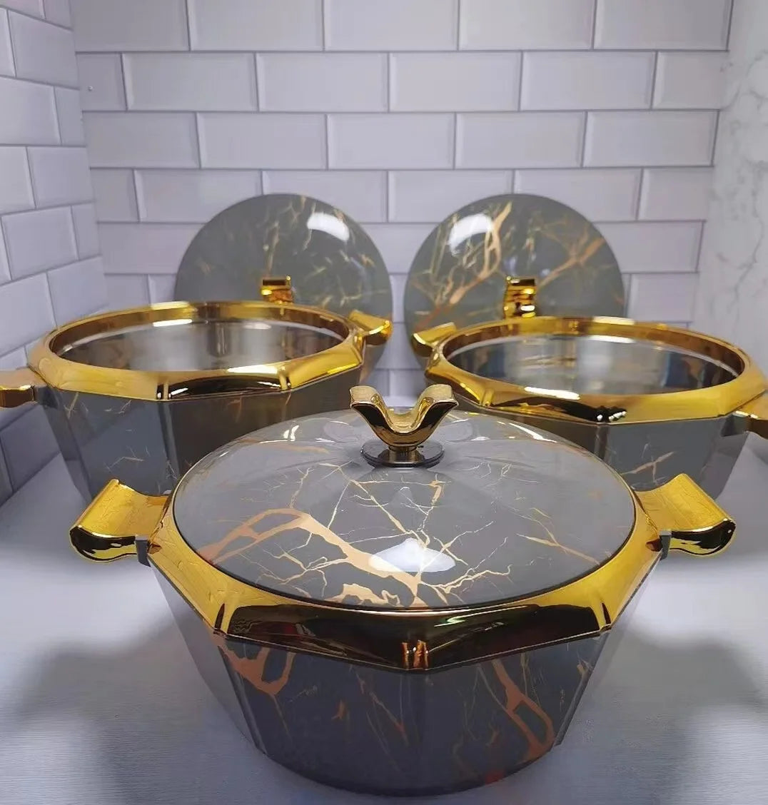 Set of three MC The Black Diamonds food warmers and casserole thermal containers, insulated lunch boxes for hotpot and party meals.
