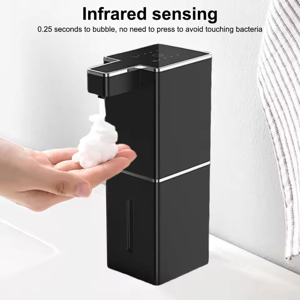MC THE BLACK DIAMOND touchless automatic soap dispenser mounted on bathroom wall, hands-free hand soap washing for kitchen or bathroom.