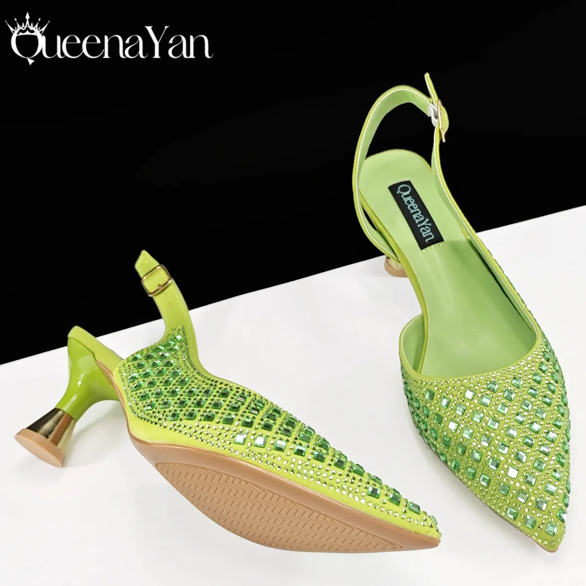 Queena Yan Italian design green pointed toe shoe and matching rhinestone bag set for women, perfect for parties and elegant events.