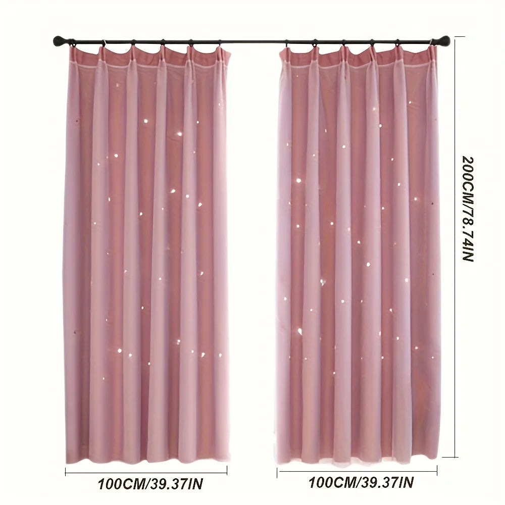 Two-panel blue curtains with double-layer design, princess style by MC THE BLACK DIAMOND, hanging in a window.