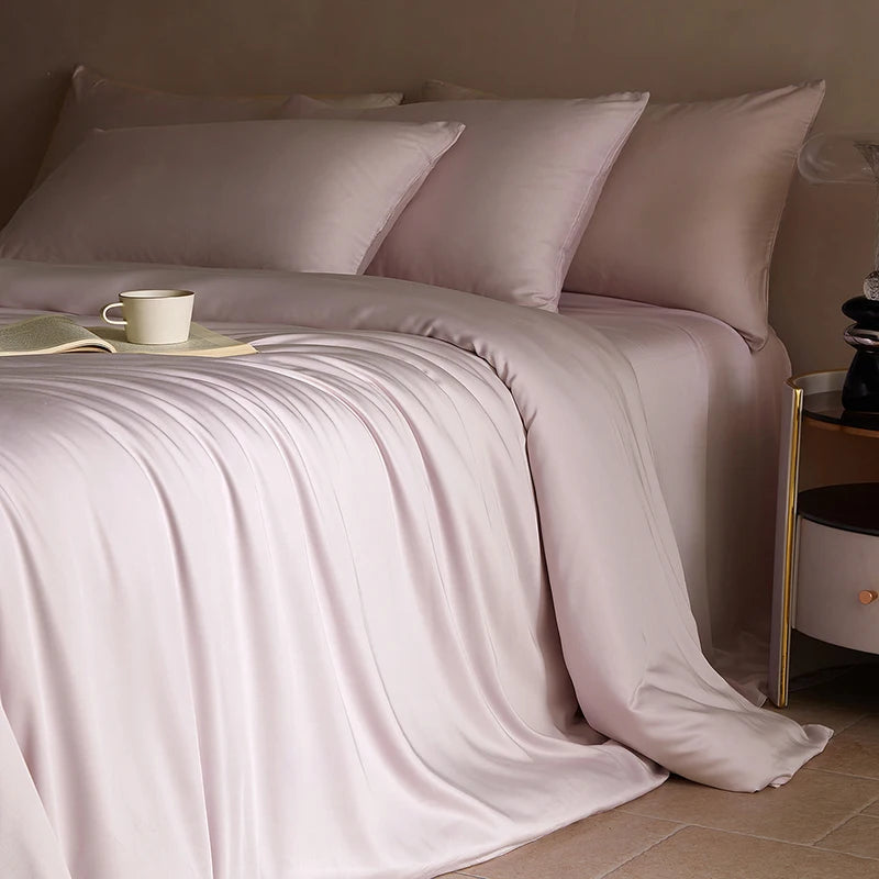 MC Collection 100% Mulberry Silk Bedding Set in elegant silk, showcasing smooth fabric and luxurious home decor style.