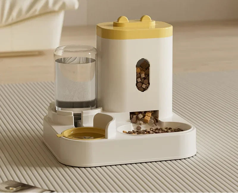 Automatic pet feeder with water fountain from MC THE BLACK DIAMOND, featuring a sleek food bowl and water dispenser for pets.