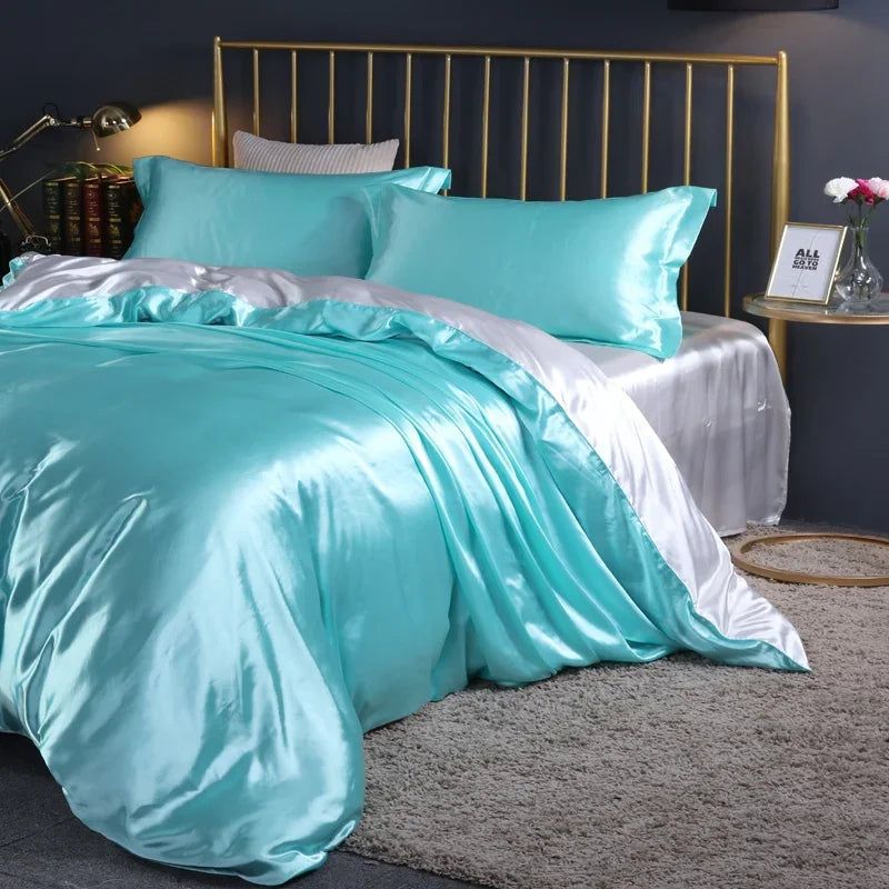 Luxury silk bedding set with duvet cover, fitted sheet, flat sheet, and pillowcases in solid color by 𝕄𝕔 𝕋𝕙𝕖 𝔹𝕝𝕒𝕔𝕜 𝔻�